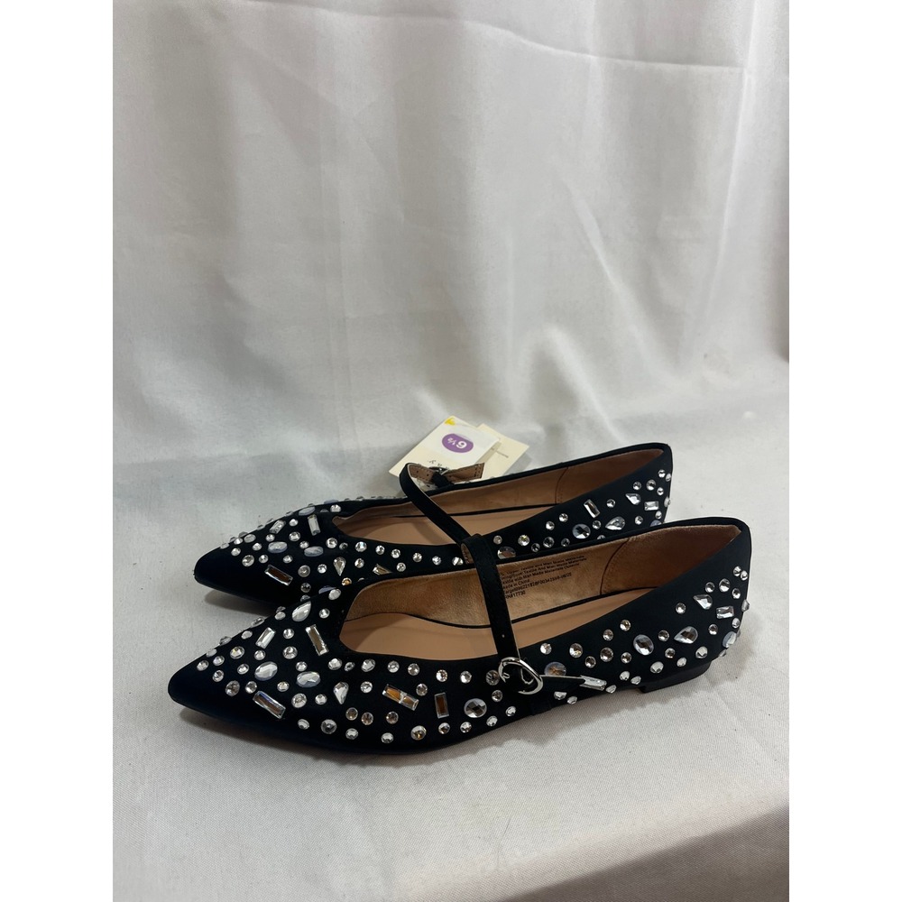 A New Day Womens Black Satin Rhinestone Mary Jane Pointed Toe Flats Size 6.5 NEW
